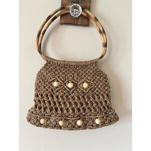 Vintage Macrame Purse Jute Crochet Double Circle Bamboo Handles Boho